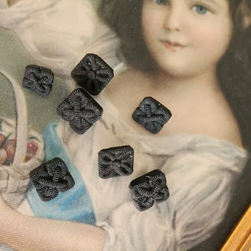 Black Square Buttons, Antique French Haberdashery, Black Jet Antique Collar Buttons, Early 20th Century, Black Doll Button