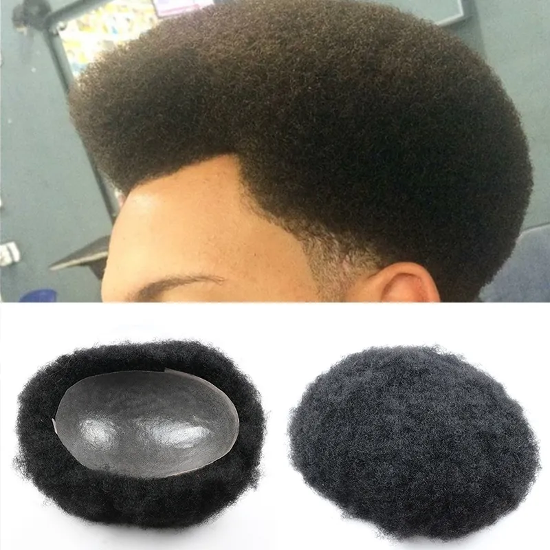 Afro Human Hair Toupee for Black Men, Curly, Transparent Skin, Custom Hair Replacement