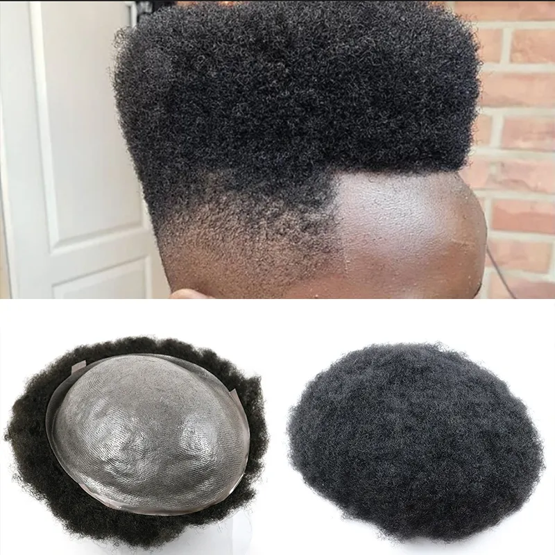 Afro Human Hair Toupee for Black Men, Curly, Transparent Skin, Custom Hair Replacement