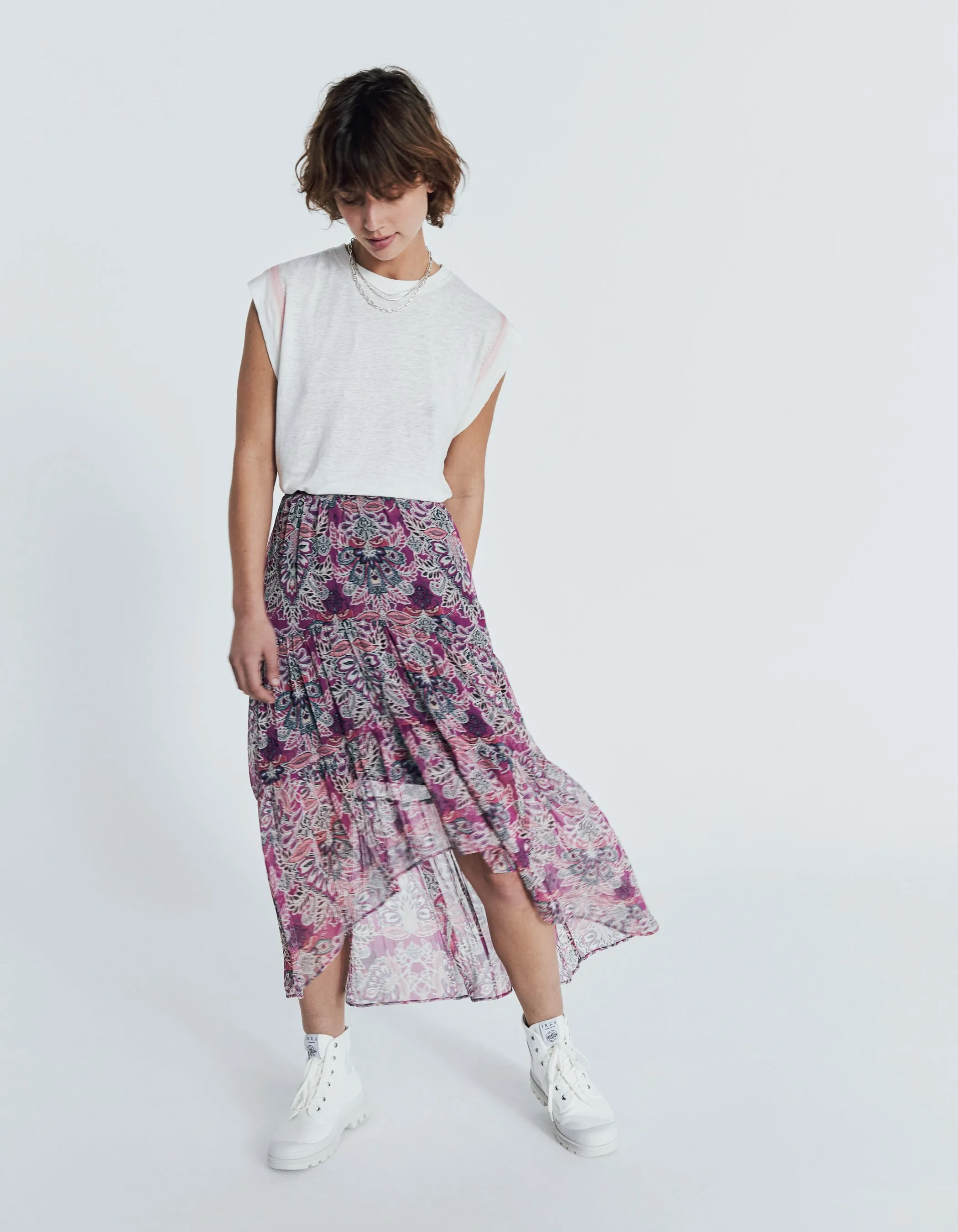 Asymmetrical Fuchsia Skirt with Floral Bandana Print for Women