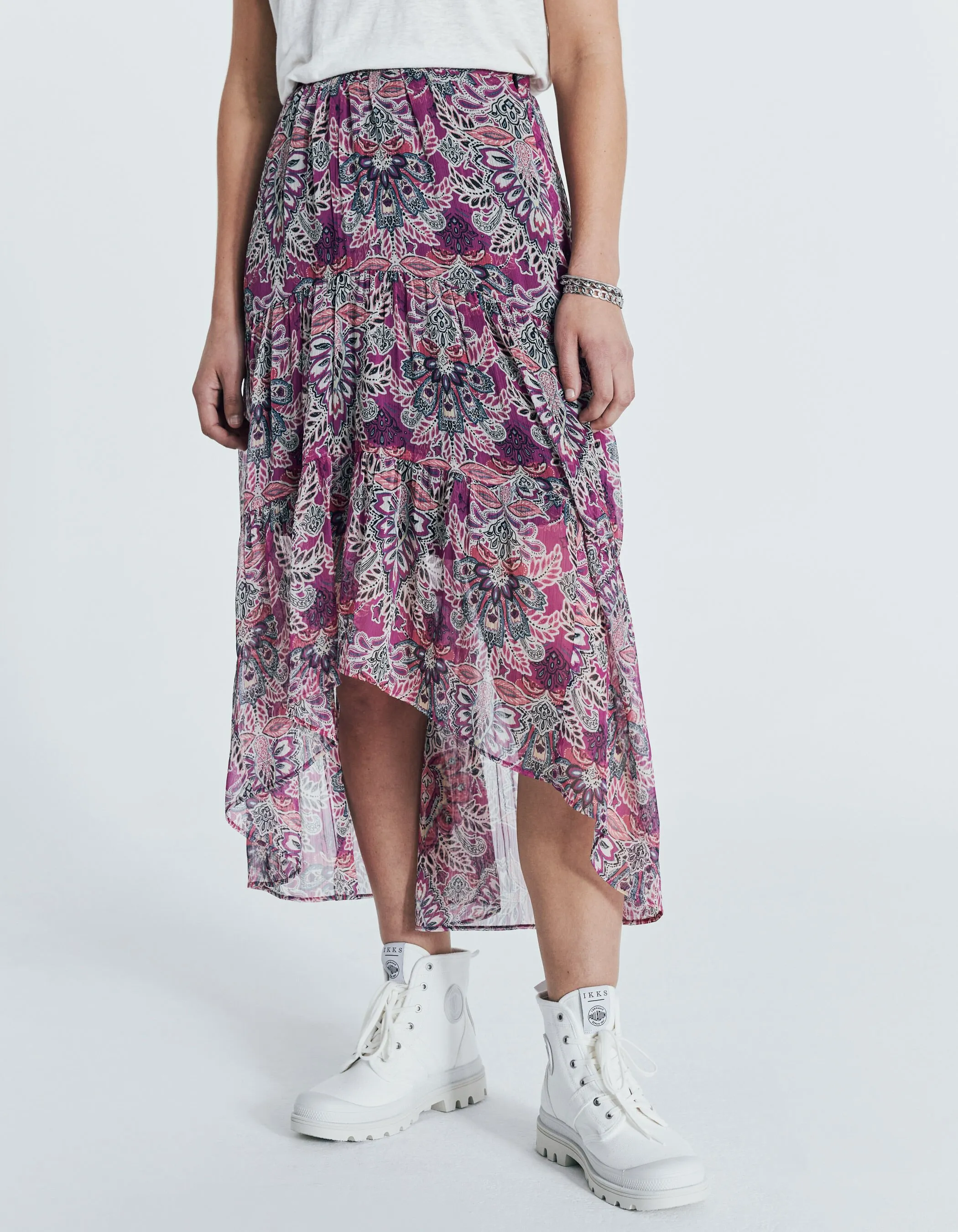 Asymmetrical Fuchsia Skirt with Floral Bandana Print for Women