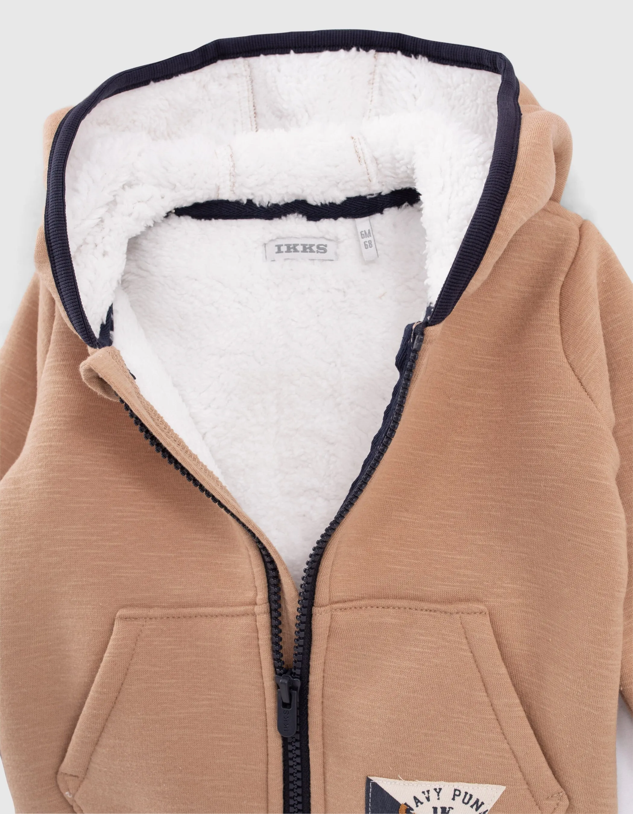 Beige Sherpa Collar Hooded Boy's Cardigan.