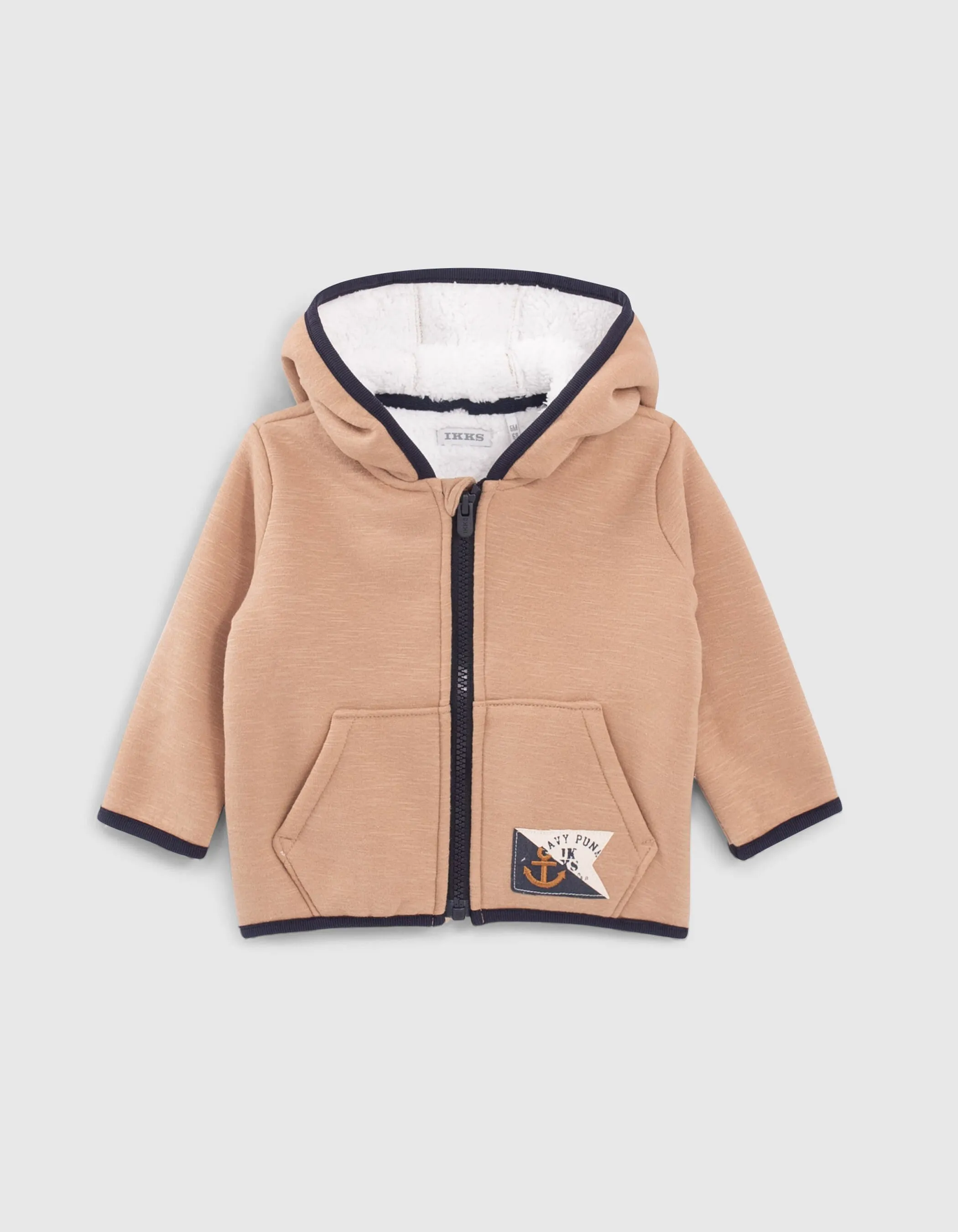 Beige Sherpa Collar Hooded Boy's Cardigan.