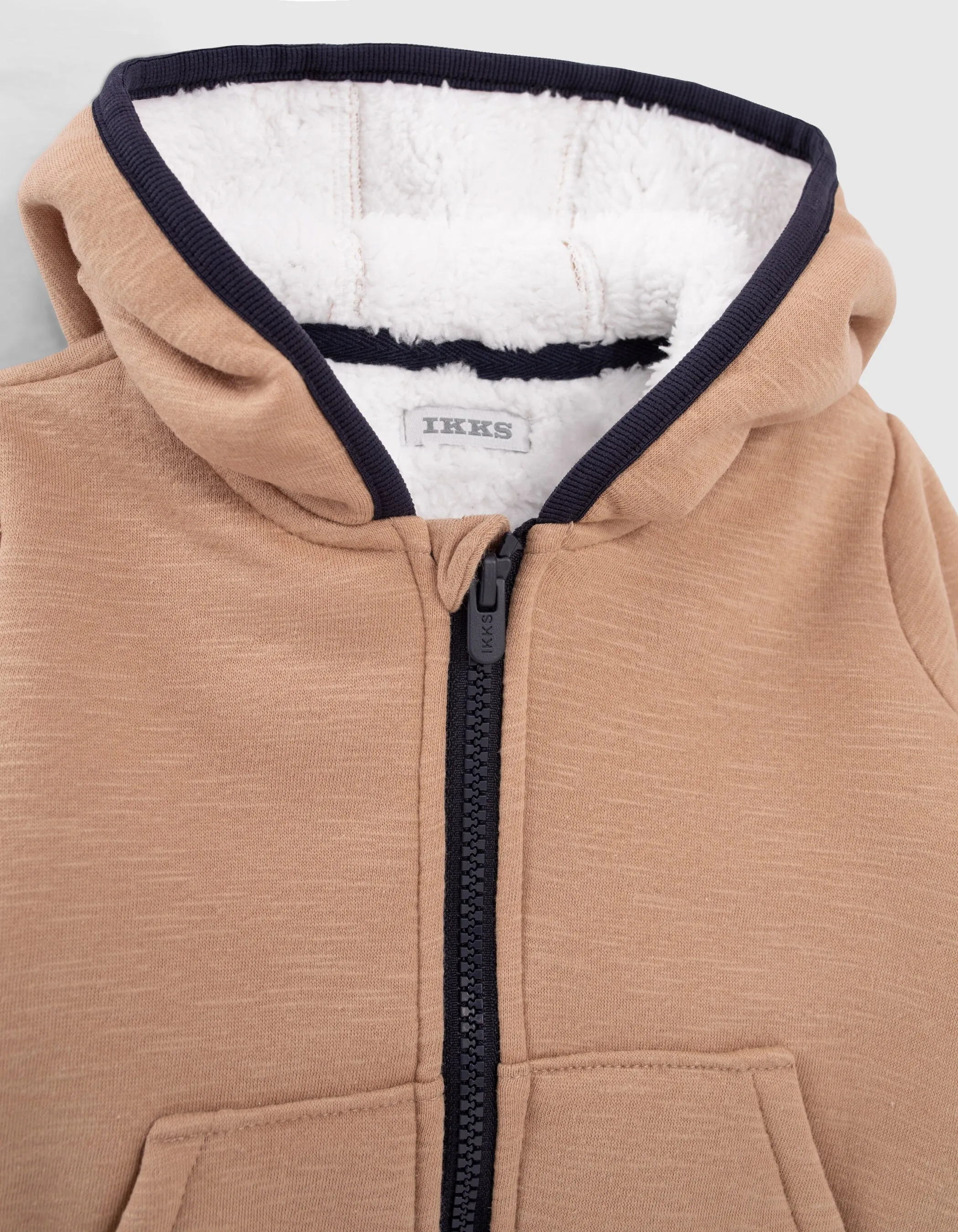 Beige Sherpa Collar Hooded Boy's Cardigan.