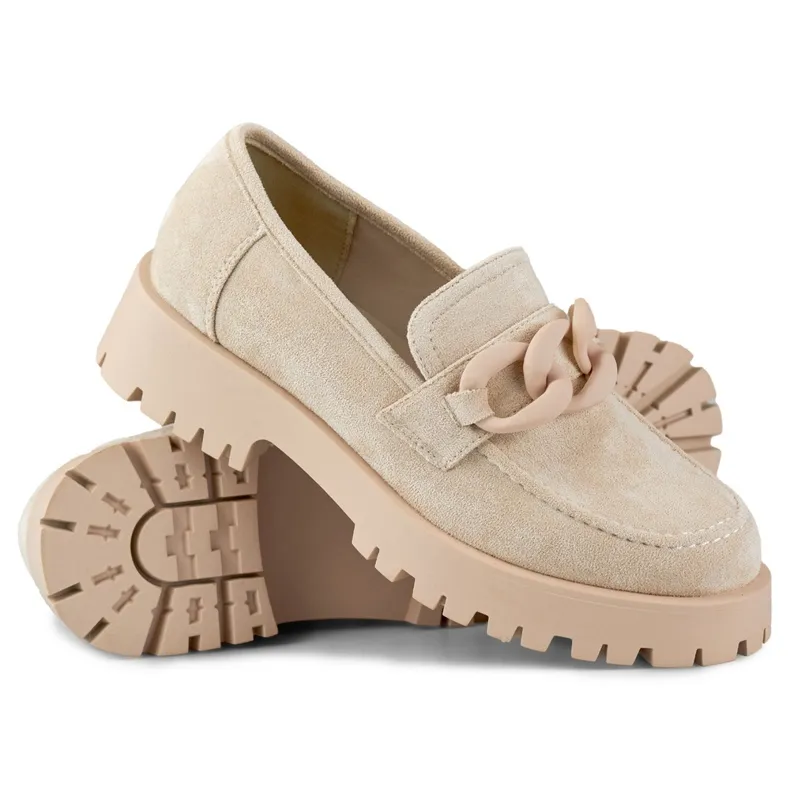 Beige Suede Women's Loafers with Chain