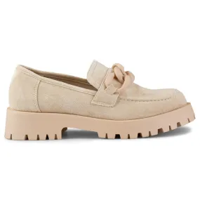 Beige Suede Women's Loafers with Chain