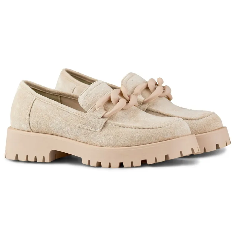 Beige Suede Women's Loafers with Chain