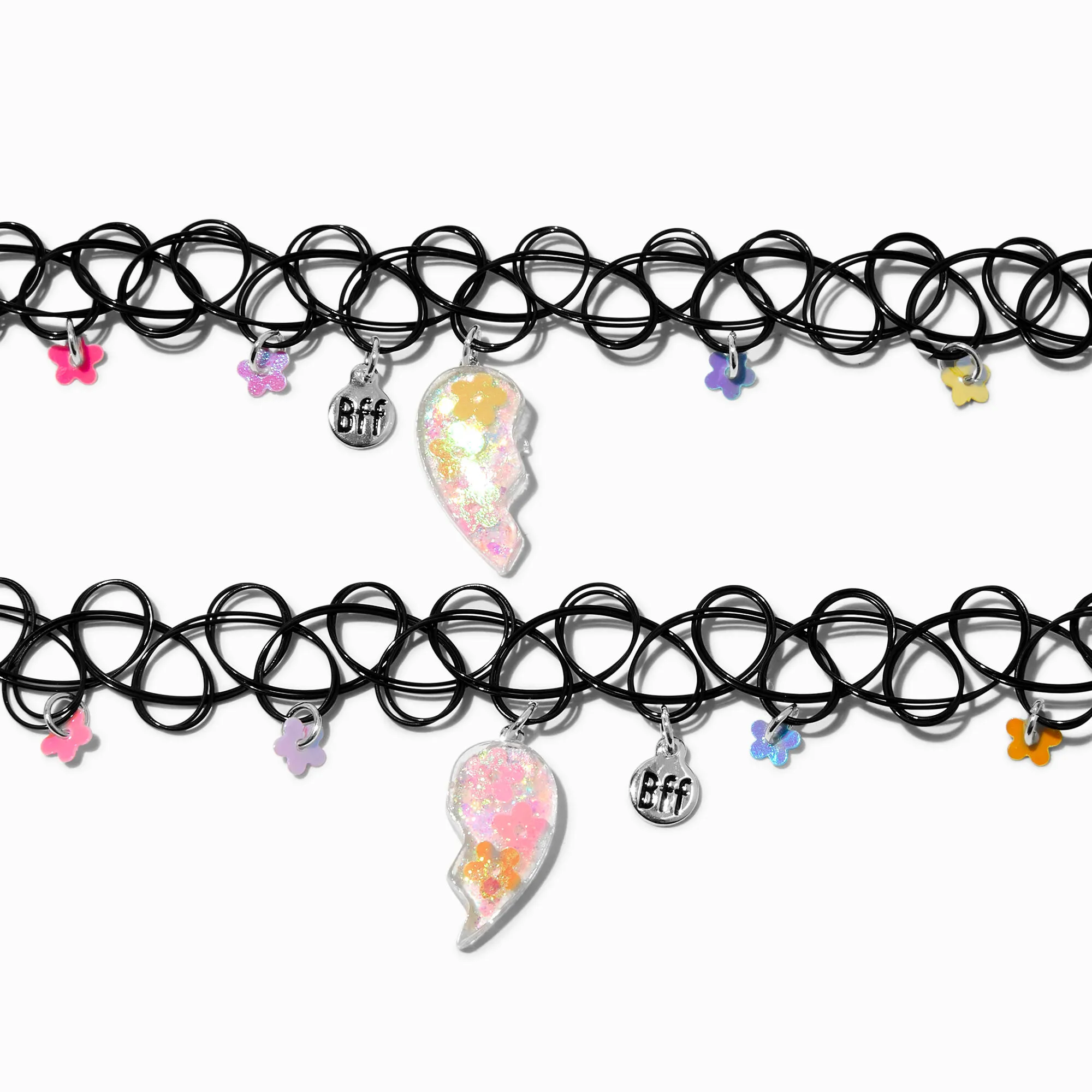 Best Friends Flower Charm Heart Split Tattoo Choker Set of 2