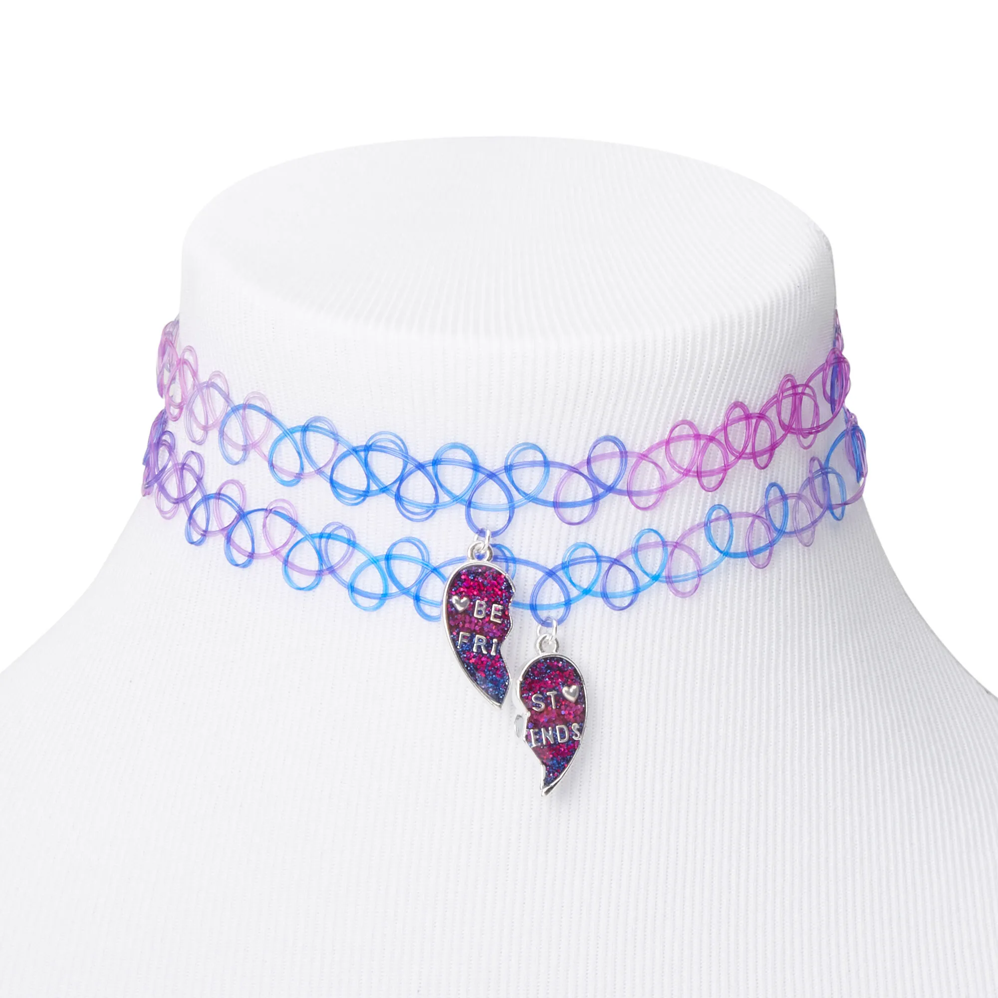 Best Friends Tattoo Choker Necklace Set - Purple and Blue Heart Design - Pack of 2