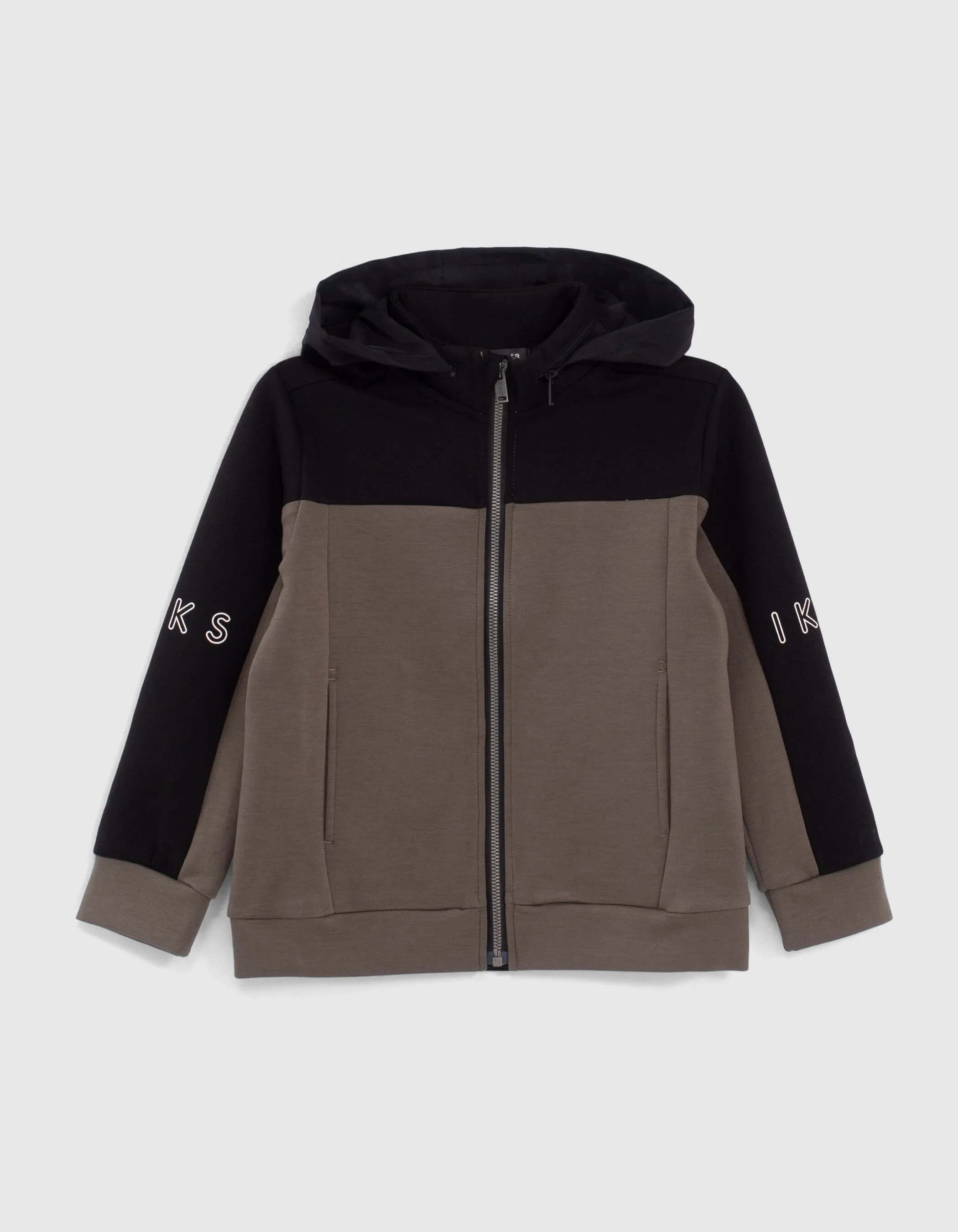 Black and grey boys' hooded bi-material sports cardigan.