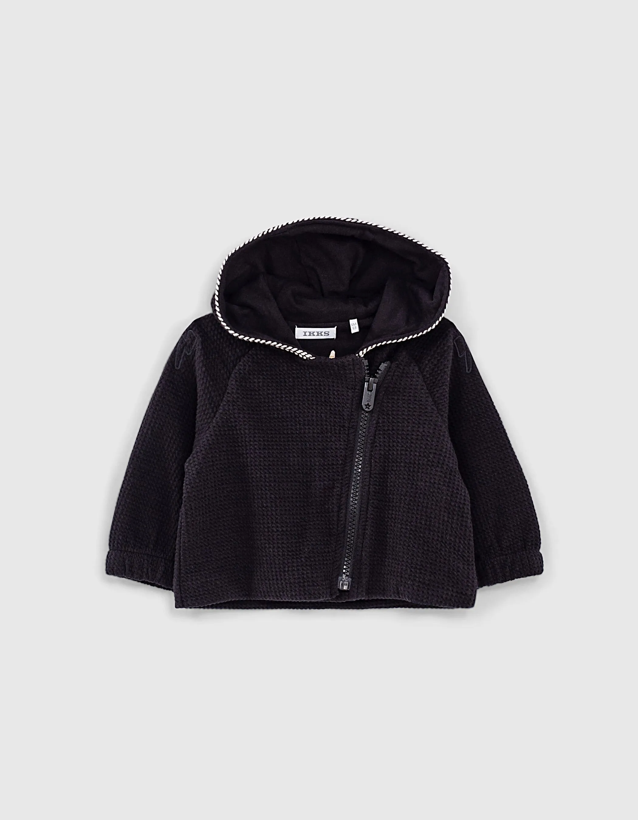 Black honeycomb knit hooded baby girl cardigan