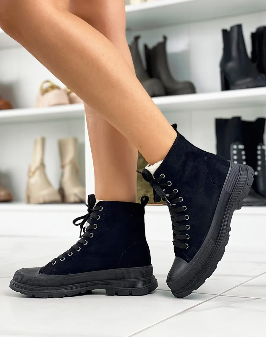 Black suede high-top sneakers with thick sole