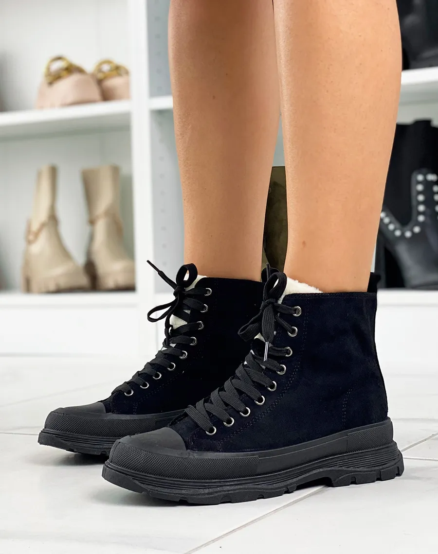 Black suede high-top sneakers with thick sole