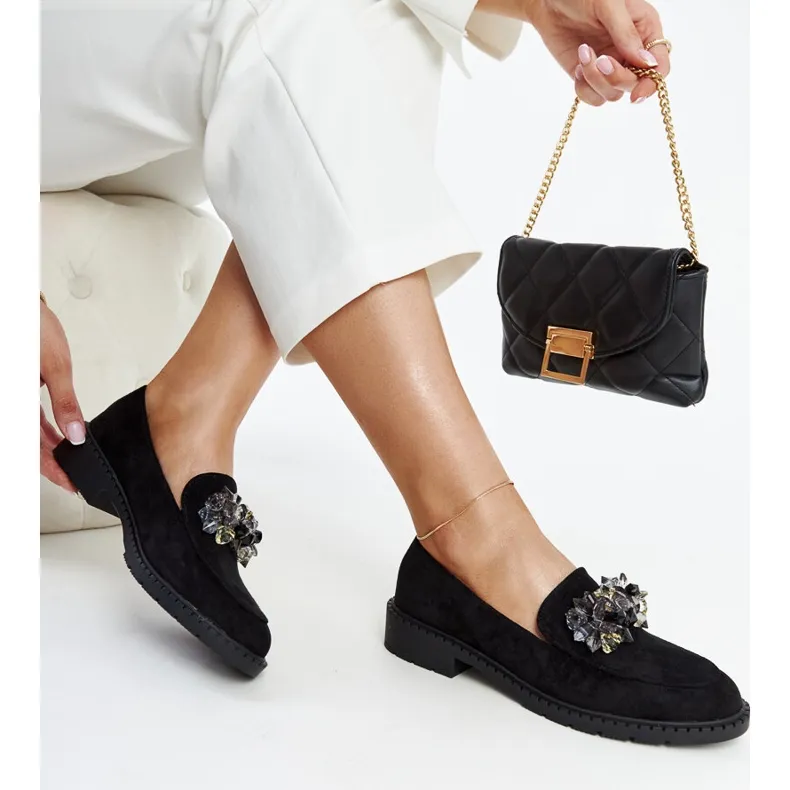 Black suede moccasins adorned with Zemzem black crystals.