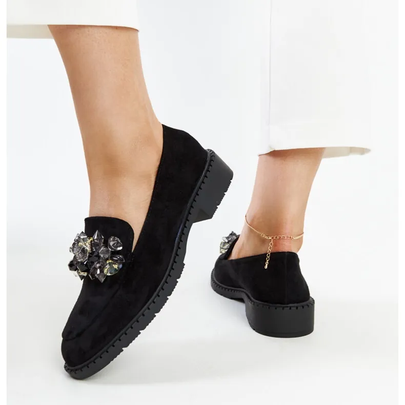 Black suede moccasins adorned with Zemzem black crystals.