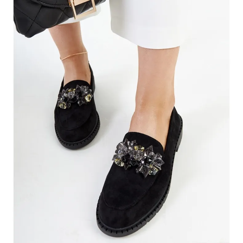 Black suede moccasins adorned with Zemzem black crystals.