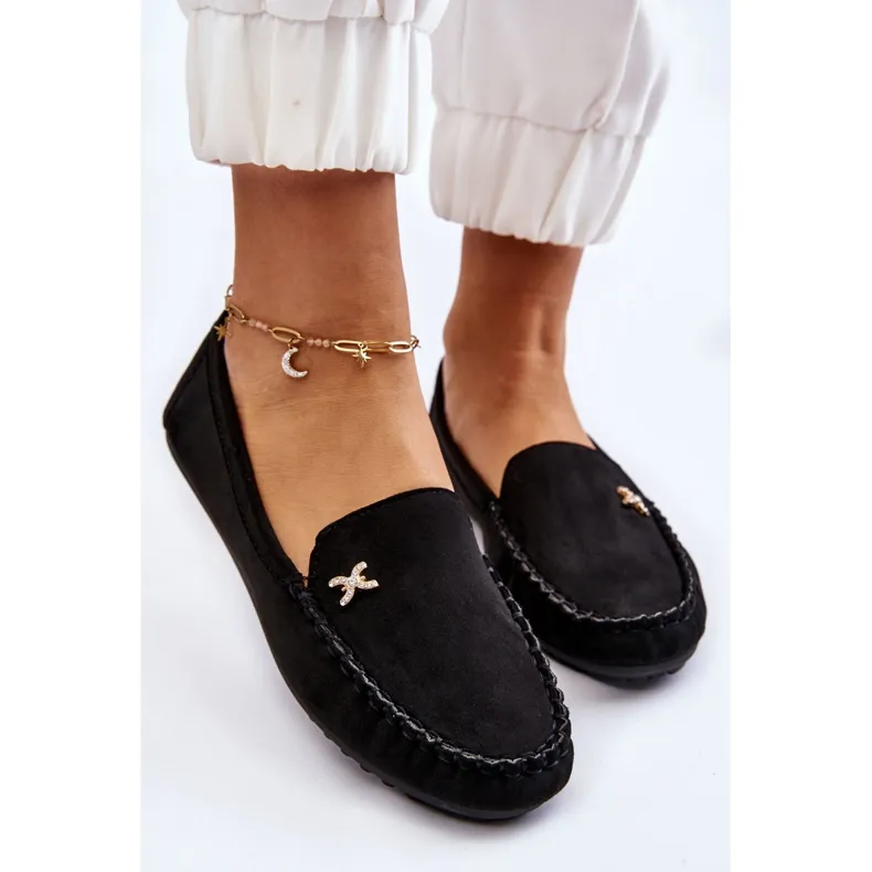 Black Suede Women's Moccasins with Leah Embellishment Black