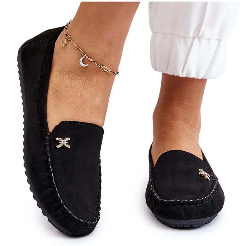 Black Suede Women's Moccasins with Leah Embellishment Black