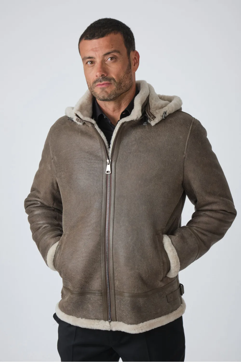 Reversed Lamb Shearling Hooded Jacket, Levinsky - ACA70 Taupe | Cesare Nori