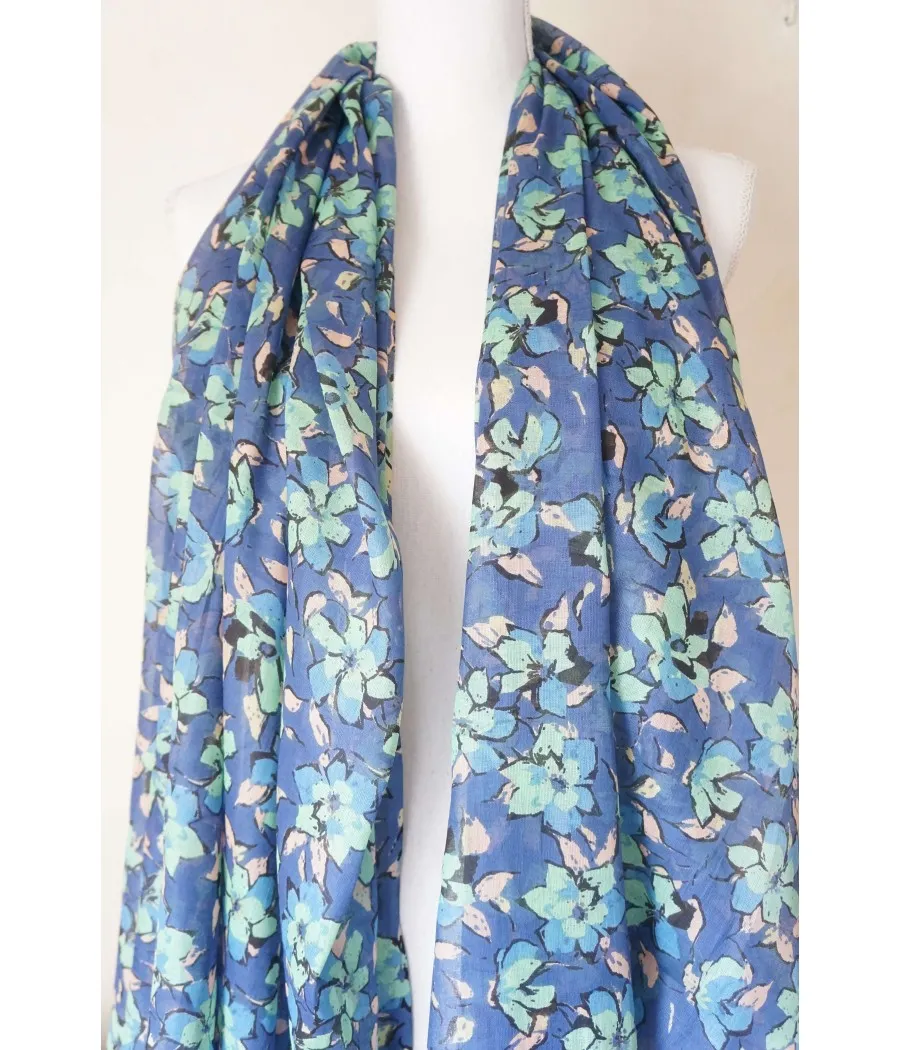 Blue Cotton Scarf with Bohemian Nature Flowers, Roses, and Aqua Green