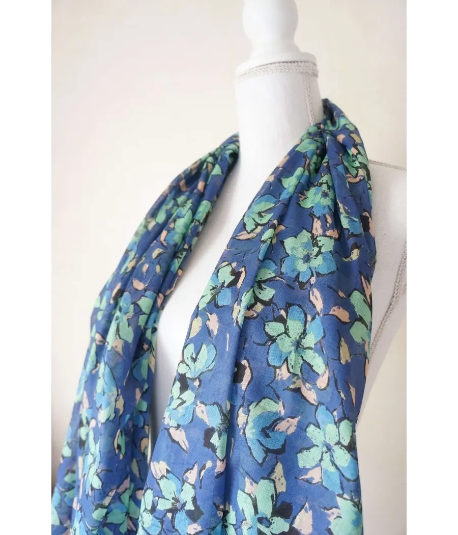 Blue Cotton Scarf with Bohemian Nature Flowers, Roses, and Aqua Green