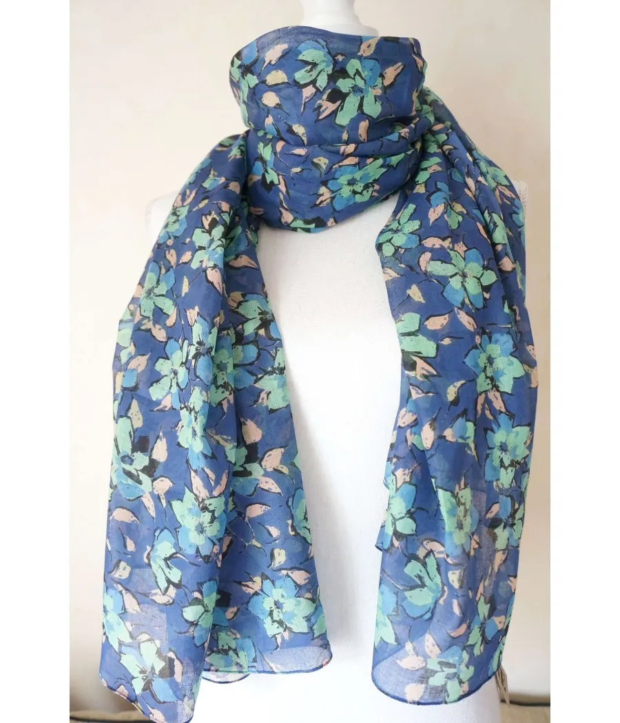 Blue Cotton Scarf with Bohemian Nature Flowers, Roses, and Aqua Green