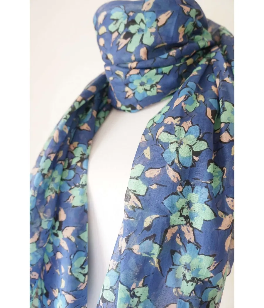 Blue Cotton Scarf with Bohemian Nature Flowers, Roses, and Aqua Green