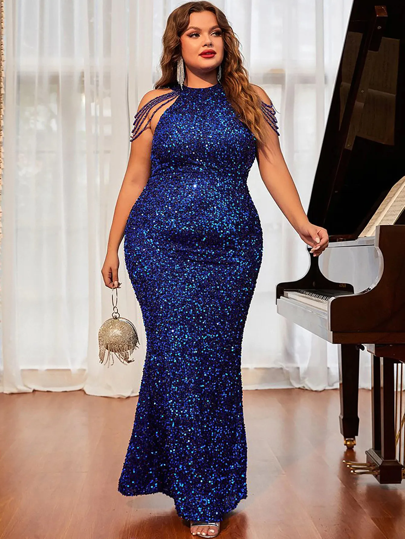 Blue Sequined Plus Size Evening Gown with Shoulder Chains