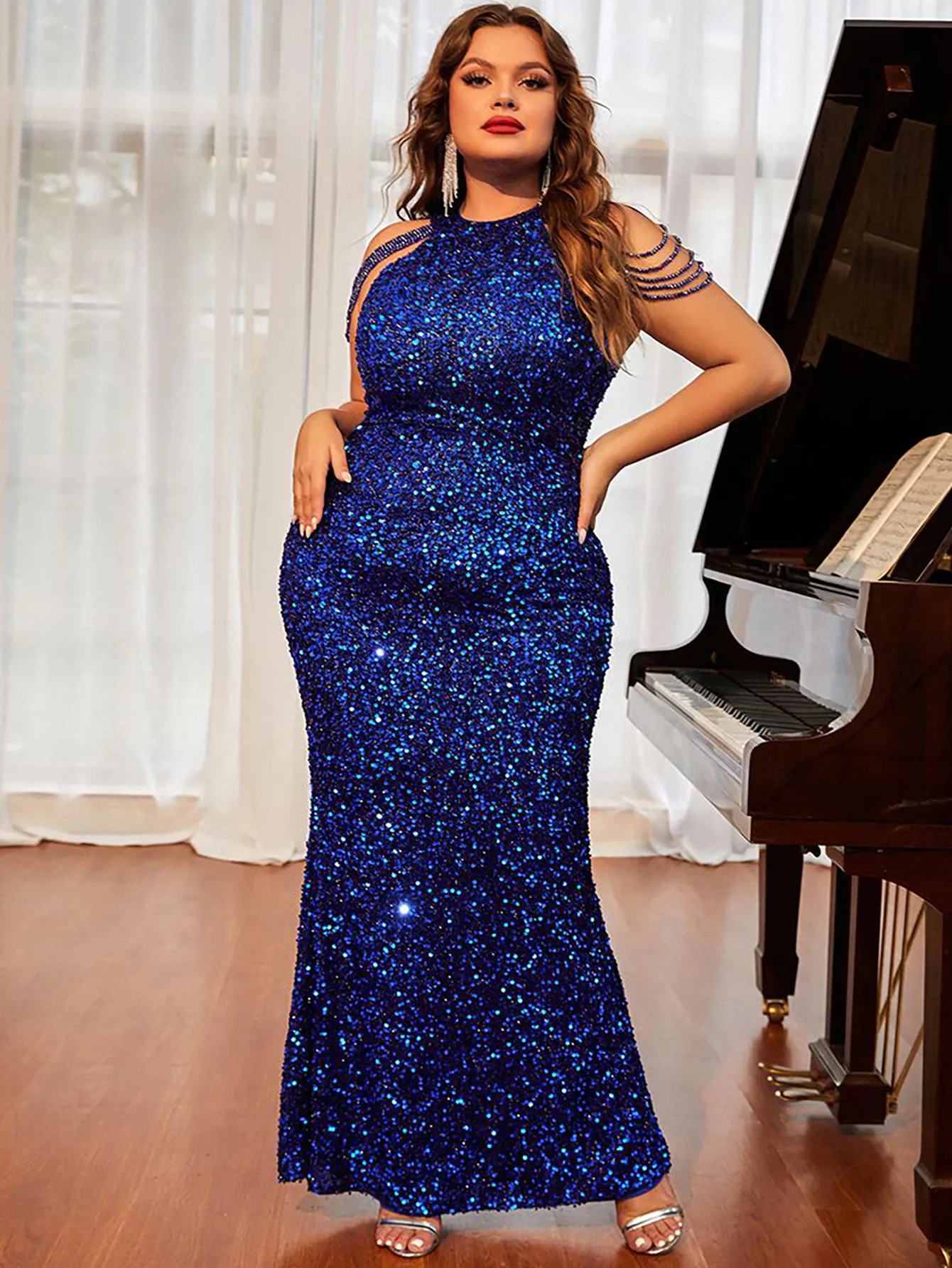 Blue Sequined Plus Size Evening Gown with Shoulder Chains