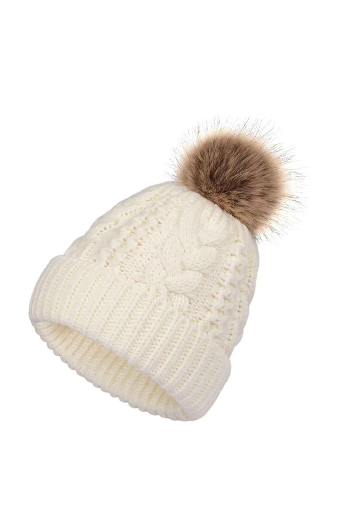 Ivory Pom Pom Trimmed Knitted Beanie