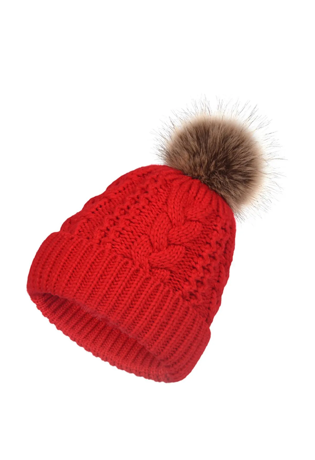 Red Pom Pom Trimmed Knitted Beanie