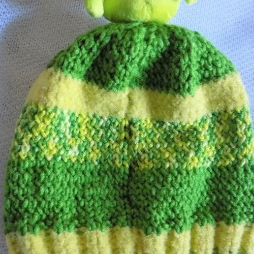 Knitted Plush Elephant Kids Beanie, Green & Yellow, Sizes 2-4 Years