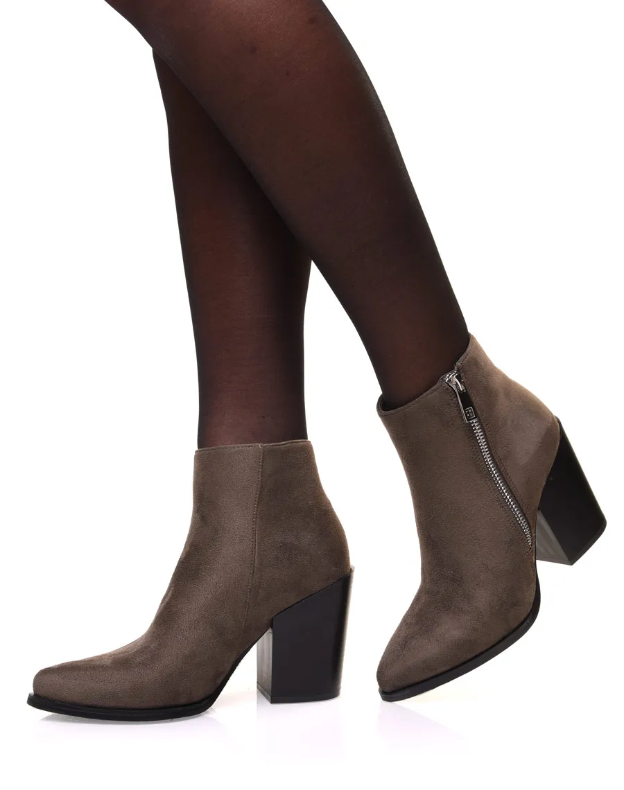 Khaki Suede Pointed-Toe Booties with Chunky Heel