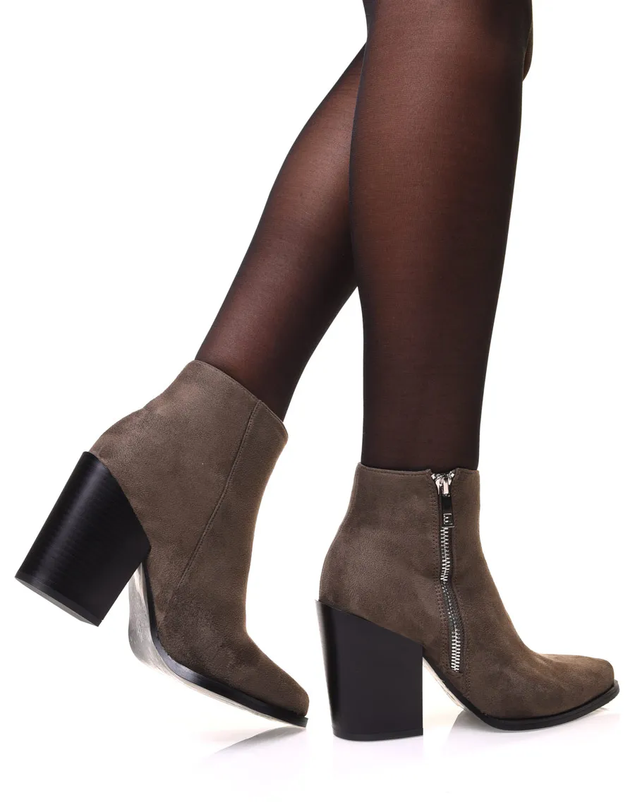 Khaki Suede Pointed-Toe Booties with Chunky Heel