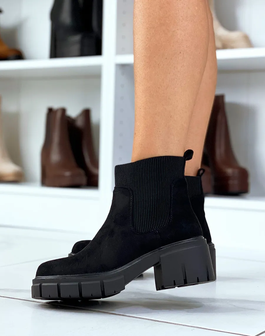 Black Suede Chelsea Style Chunky Sole Heeled Ankle Boots