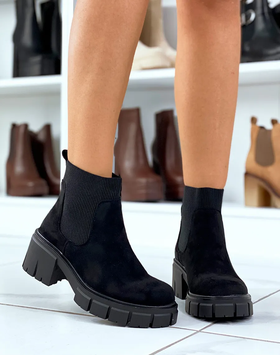 Black Suede Chelsea Style Chunky Sole Heeled Ankle Boots