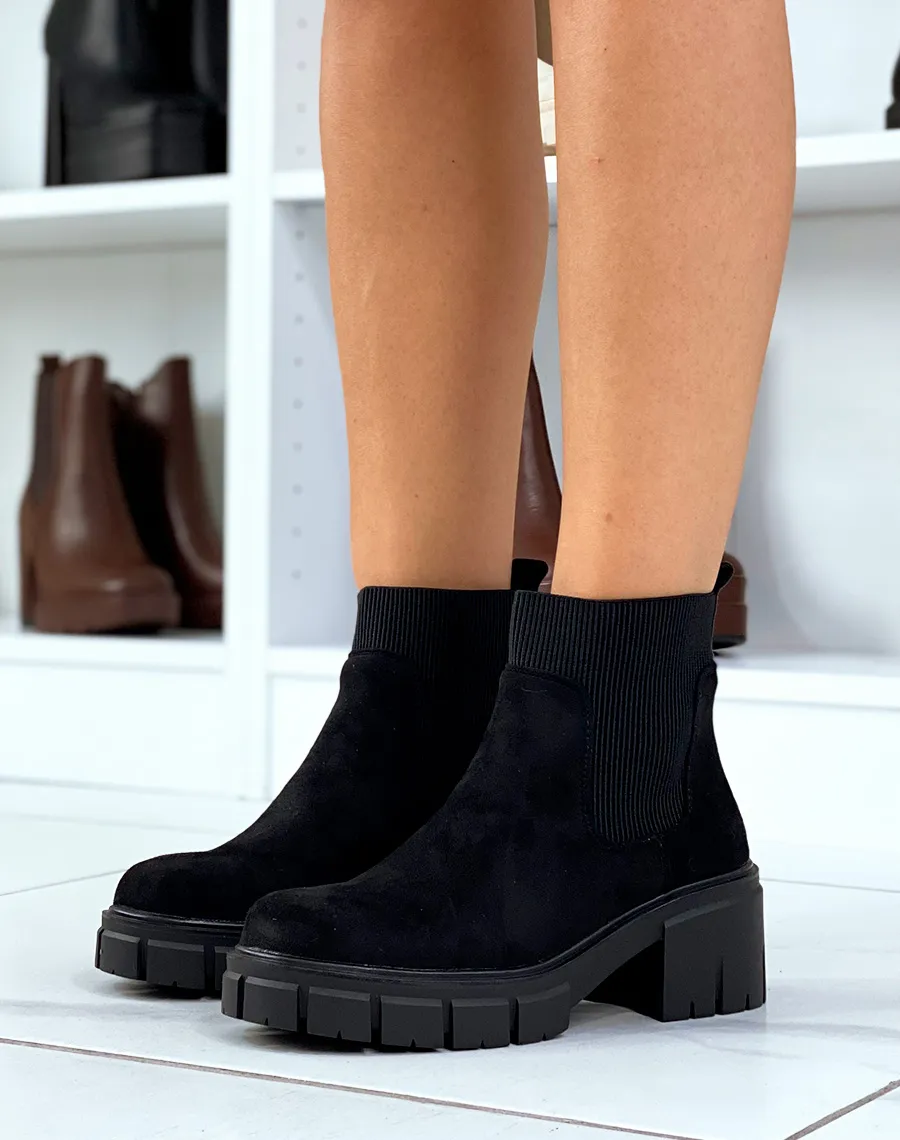 Black Suede Chelsea Style Chunky Sole Heeled Ankle Boots