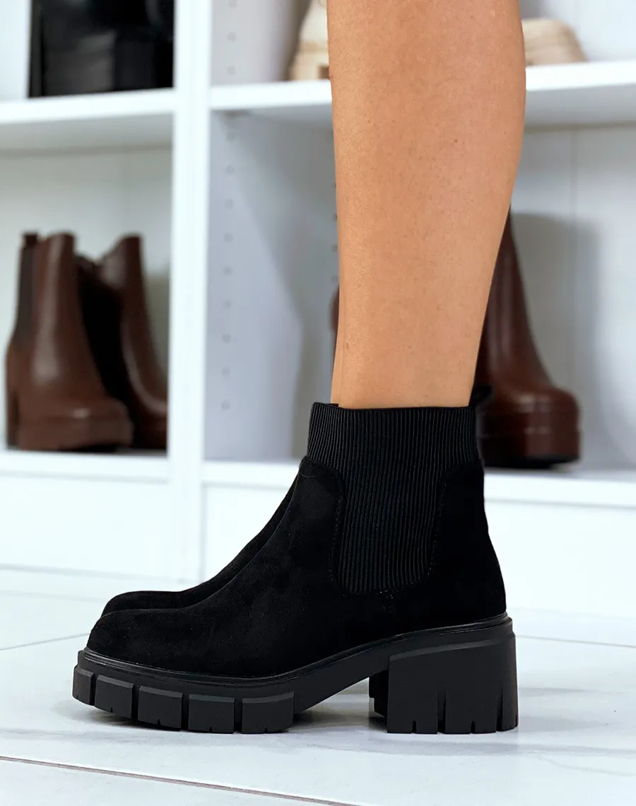 Black Suede Chelsea Style Chunky Sole Heeled Ankle Boots