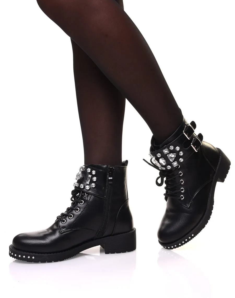 Black Lace-up Booties with Diamond Details