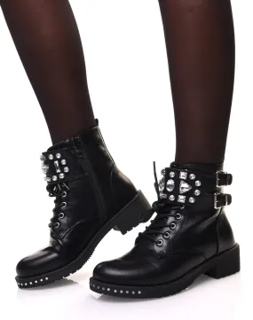 Black Lace-up Booties with Diamond Details