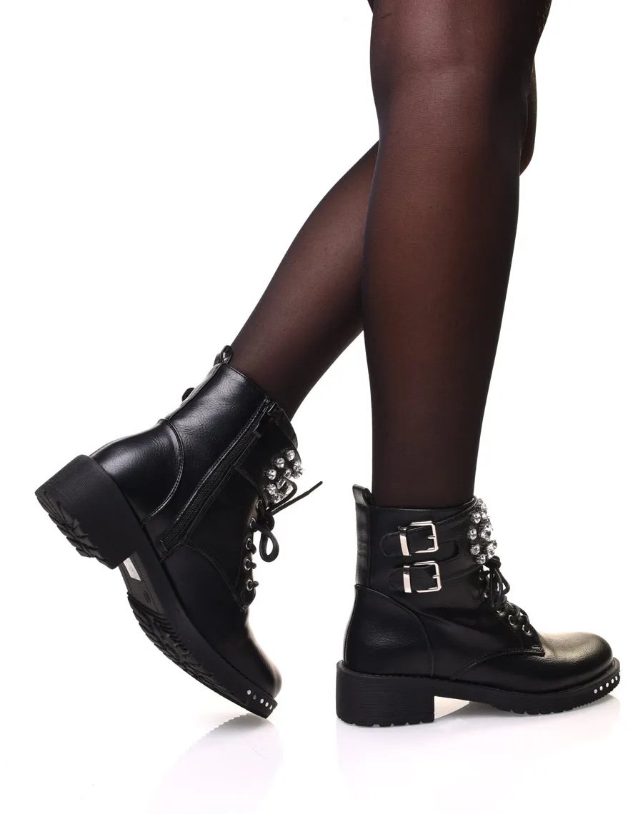 Black Lace-up Booties with Diamond Details