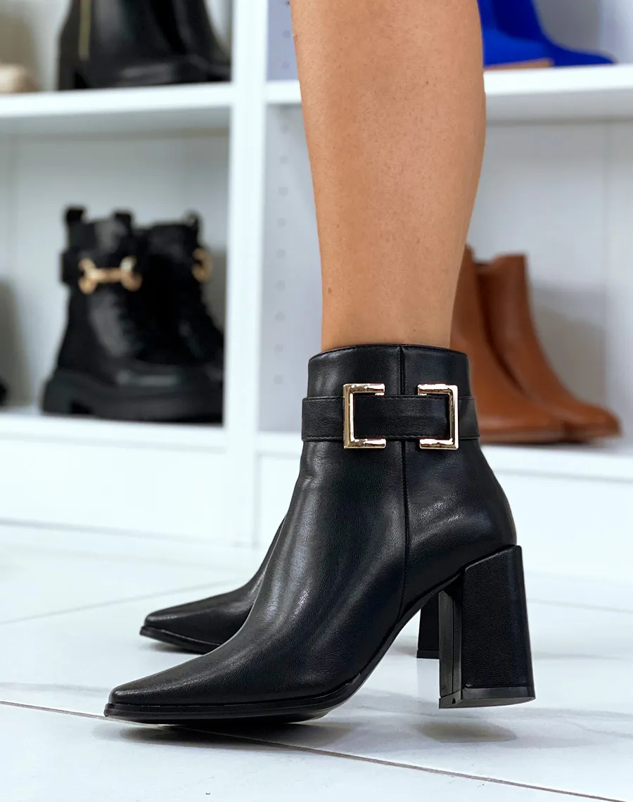 Black Chunky Heel Ankle Boots with Thick Strap and Gold Square Detail