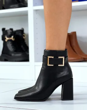 Black Chunky Heel Ankle Boots with Thick Strap and Gold Square Detail