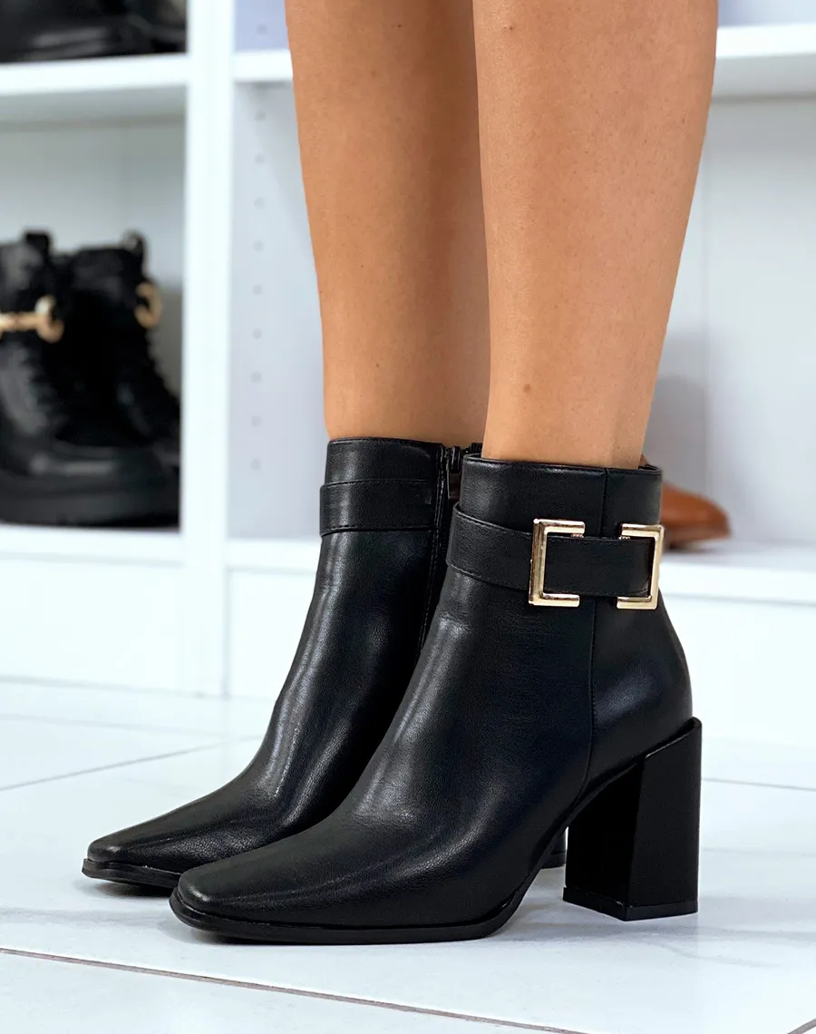 Black Chunky Heel Ankle Boots with Thick Strap and Gold Square Detail