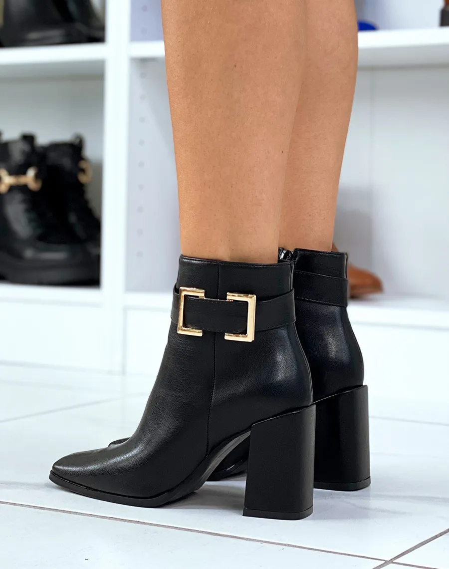 Black Chunky Heel Ankle Boots with Thick Strap and Gold Square Detail