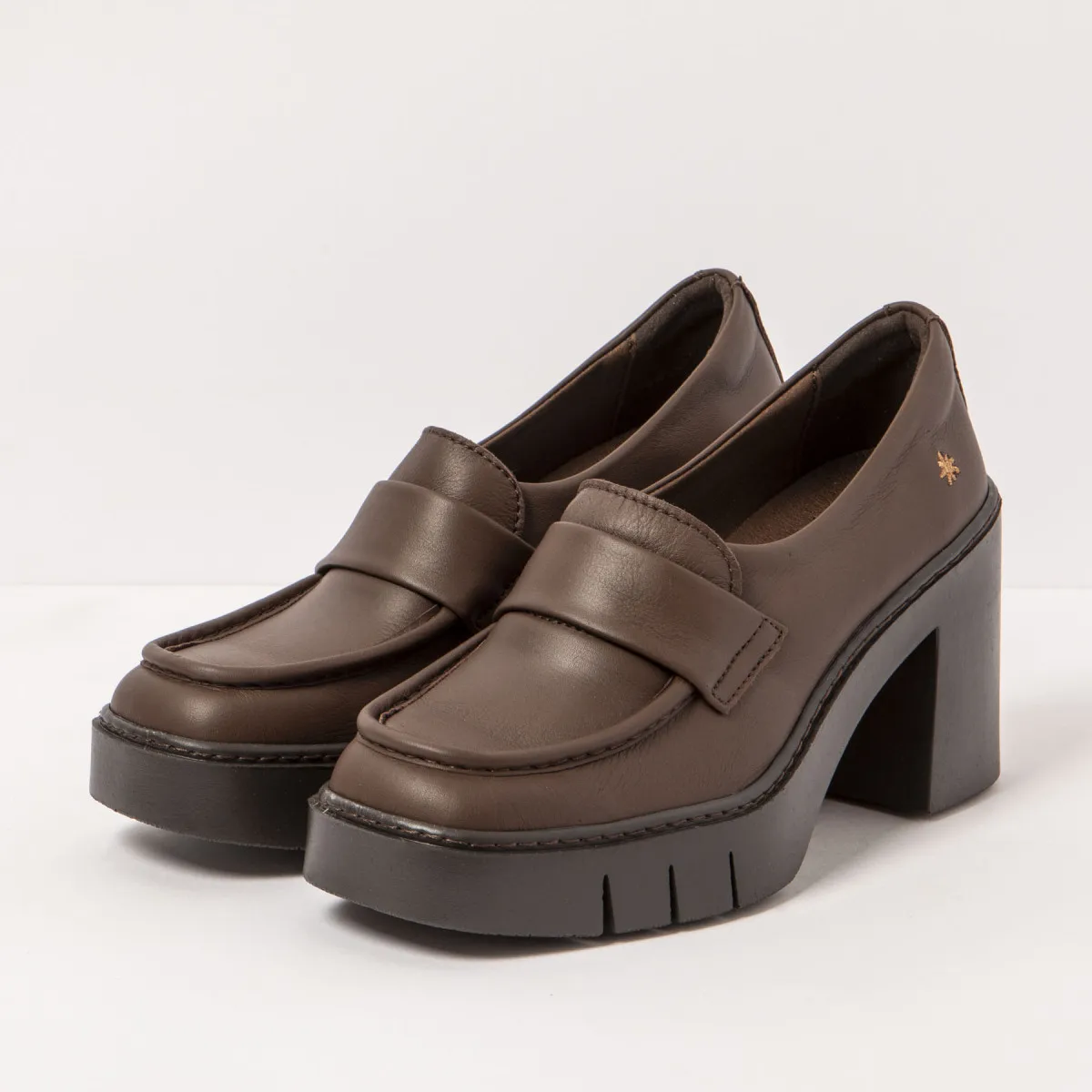 Brown Leather Heeled Loafers with Treaded Sole