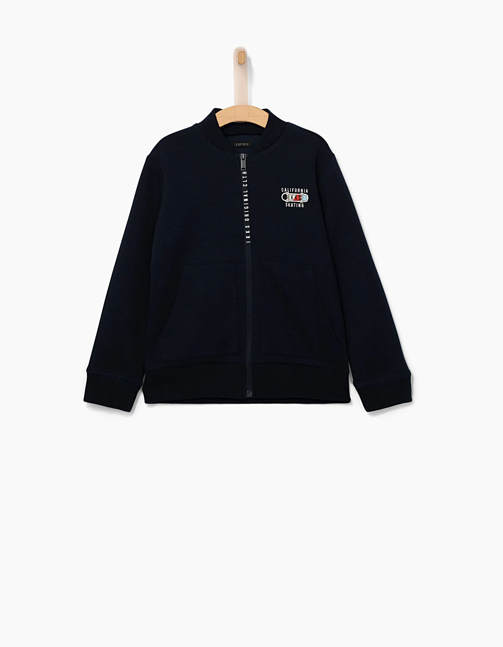 Cardigan bomber jacket in navy blue for boys by IKKS with fun design on the back.