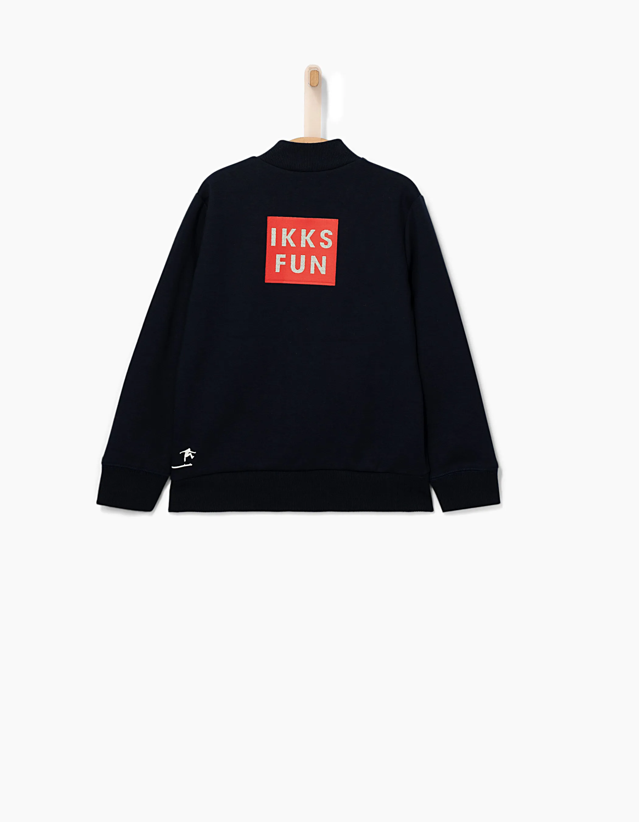 Cardigan bomber jacket in navy blue for boys by IKKS with fun design on the back.