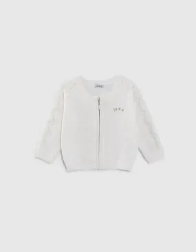 Girl Baby Off-White Knit Cardigan with Openwork Sleeves