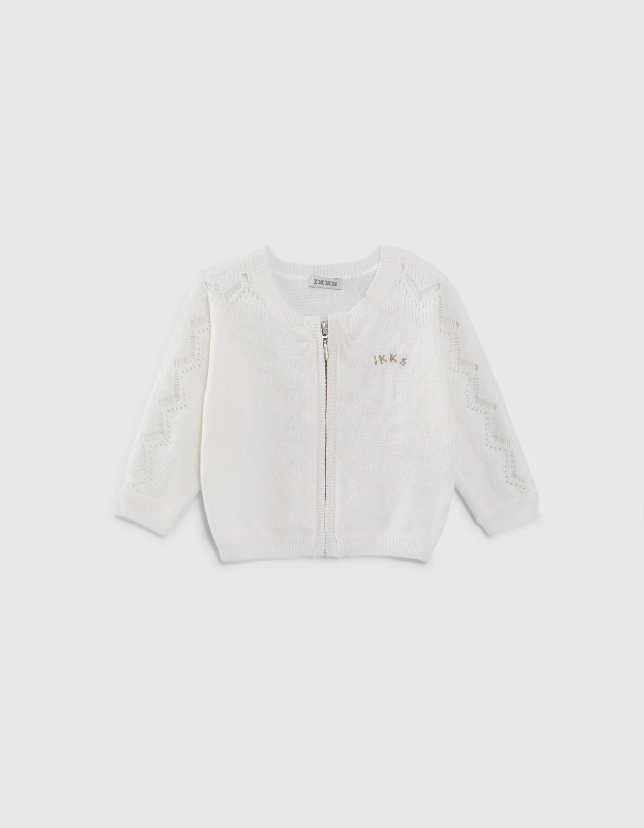 Girl Baby Off-White Knit Cardigan with Openwork Sleeves